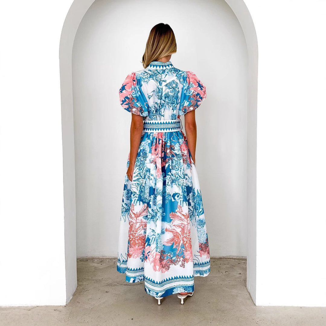 Damen Maxikleid mit voluminösen Puffärmeln und zartem Blumenmuster Drune