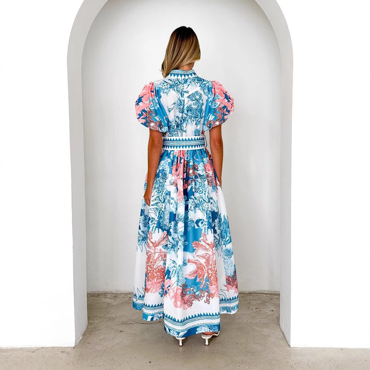 Damen Maxikleid mit voluminösen Puffärmeln und zartem Blumenmuster Drune