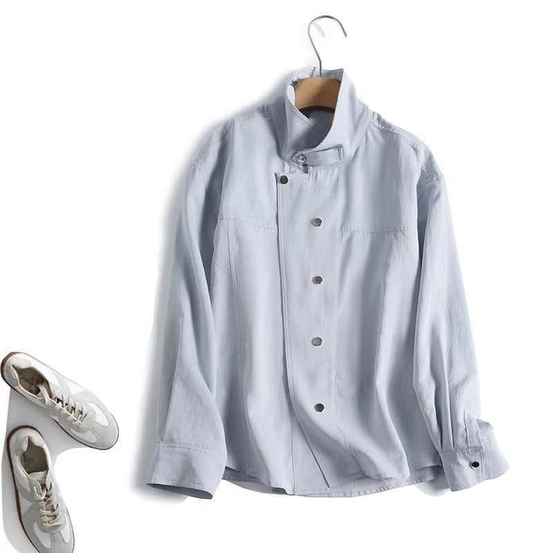 Damen Leichte Oversize-Blusenjacke mit Stehkragen und verdeckter Druckknopfleiste Drune
