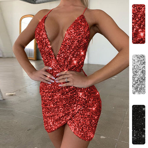 Damen Partykleid mit tiefem V-Ausschnitt und glamourösem Paillettenbesatz Drune