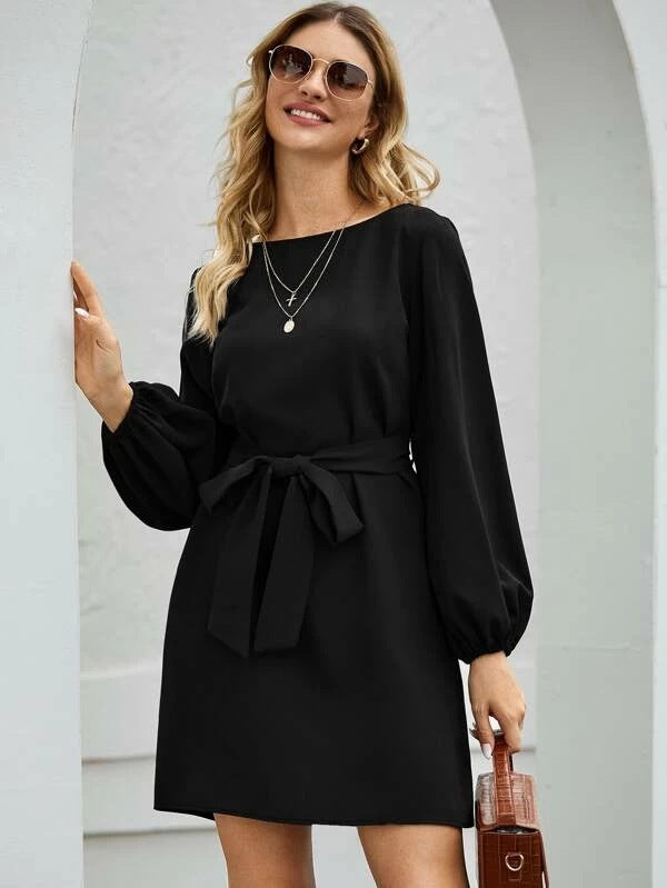 Damen nan elegantes Etuikleid mit Ballonärmeln und Taillengürtel Drune