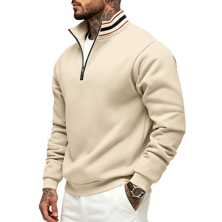 Herren Sweatshirt mit Halbreißverschluss und gestreiftem Stehkragen Drune