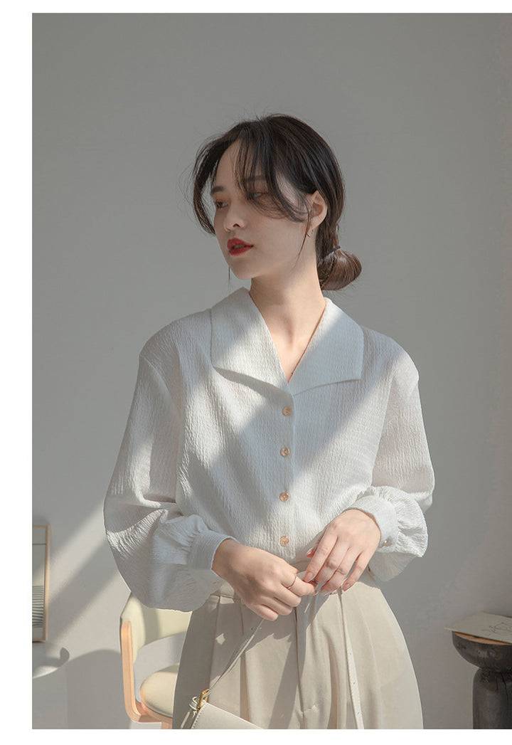 Damen Elegantes Blusenshirt mit tiefem V-Ausschnitt und volumetrischen Puffärmeln Drune