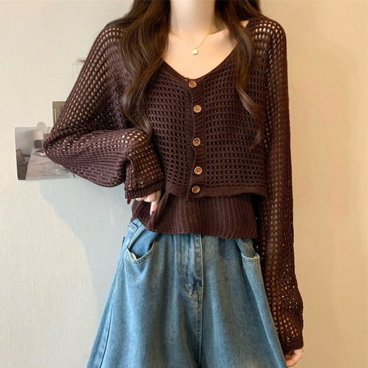 Damen lässige Strickjacke mit Netzmuster und Knopfverschluss Drune