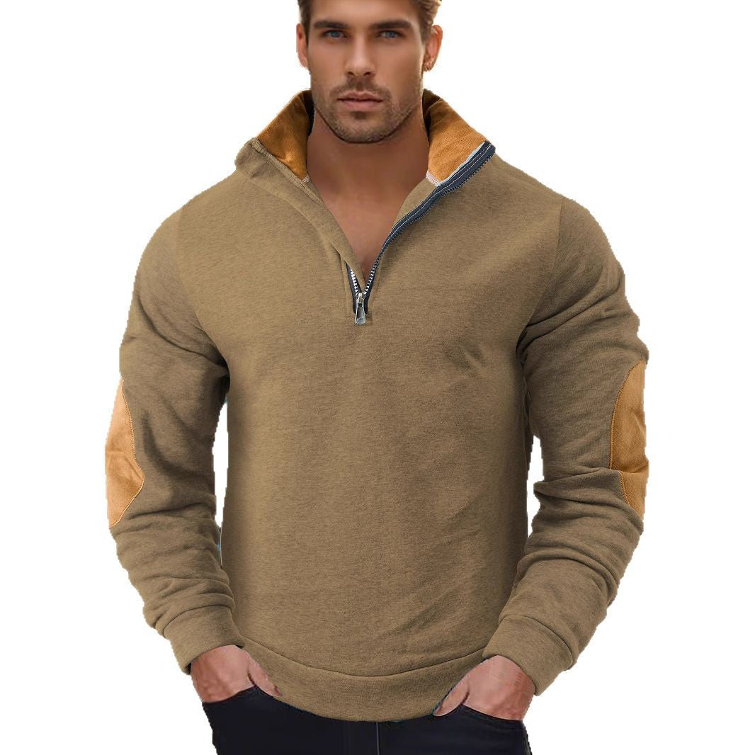 Herren nan Kurzzip-Stehkragenpullover mit Kontrastkragen und Wildleder-Ellenbogenpatches Drune
