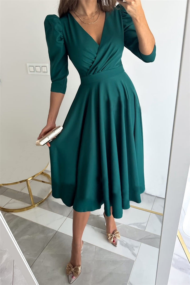 Damen Festliches A-Linien Kleid mit Puffärmeln und V-Ausschnitt Drune