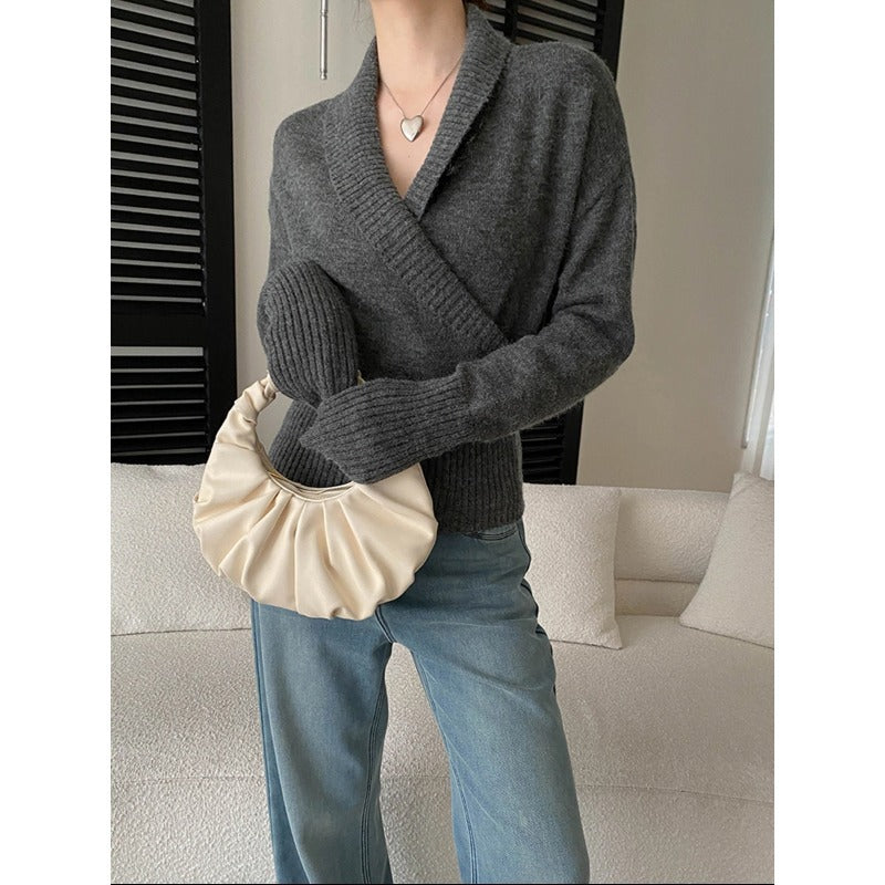 Damen eleganter Wickelpullover mit breitem Rippbund Drune