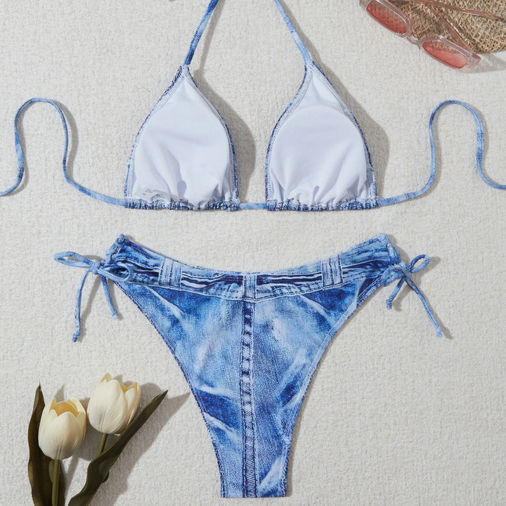 Damen Triangel-Bikini im Jeans-Look mit verstellbaren Kordelbindungen Drune