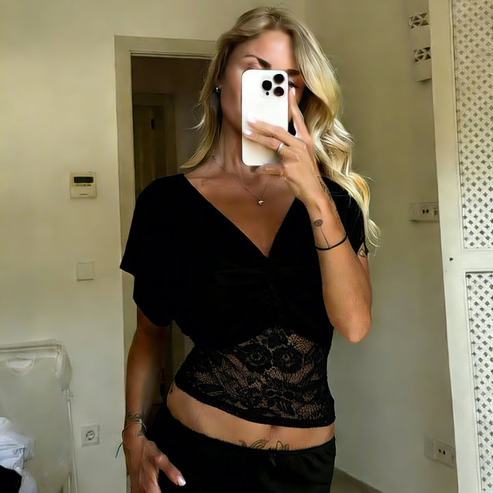 Damen elegantes Oberteil mit Spitze und Raffung Drune