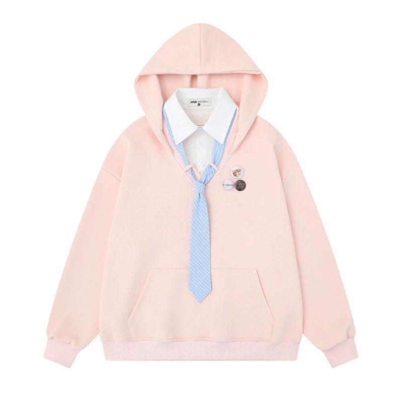 Damen Kapuzenpullover mit eingesetztem Hemdkragen und vorgebundener Krawatten-Applikation Drune