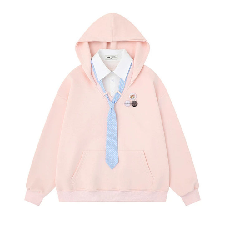Damen Kapuzenpullover mit eingesetztem Hemdkragen und vorgebundener Krawatten-Applikation Drune