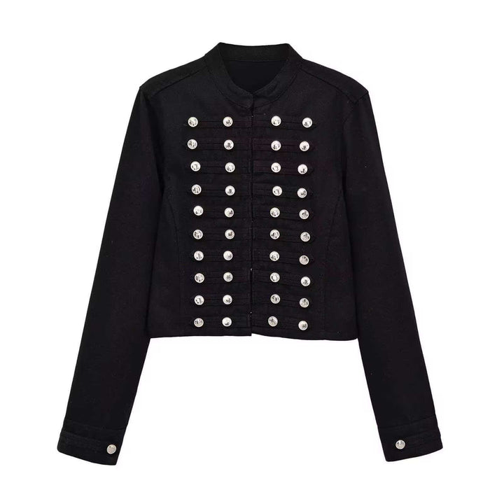 Damen Jeansjacke im Military‑Stil mit Reihenknöpfen und Stehkragen Drune