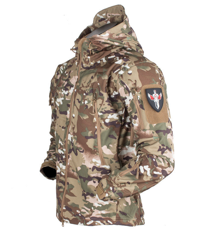Herren taktische Softshelljacke mit Kapuze, Tarnmuster und ergonomischem Stretchschnitt Drune