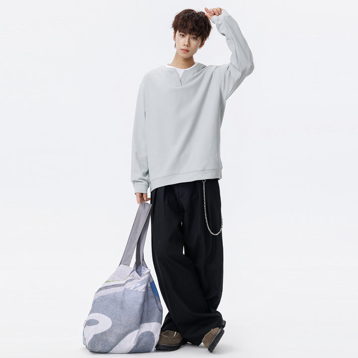 Herren Oversize Waffelstruktur-Langarmshirt mit V‑Einsatz und Layering-Optik Drune