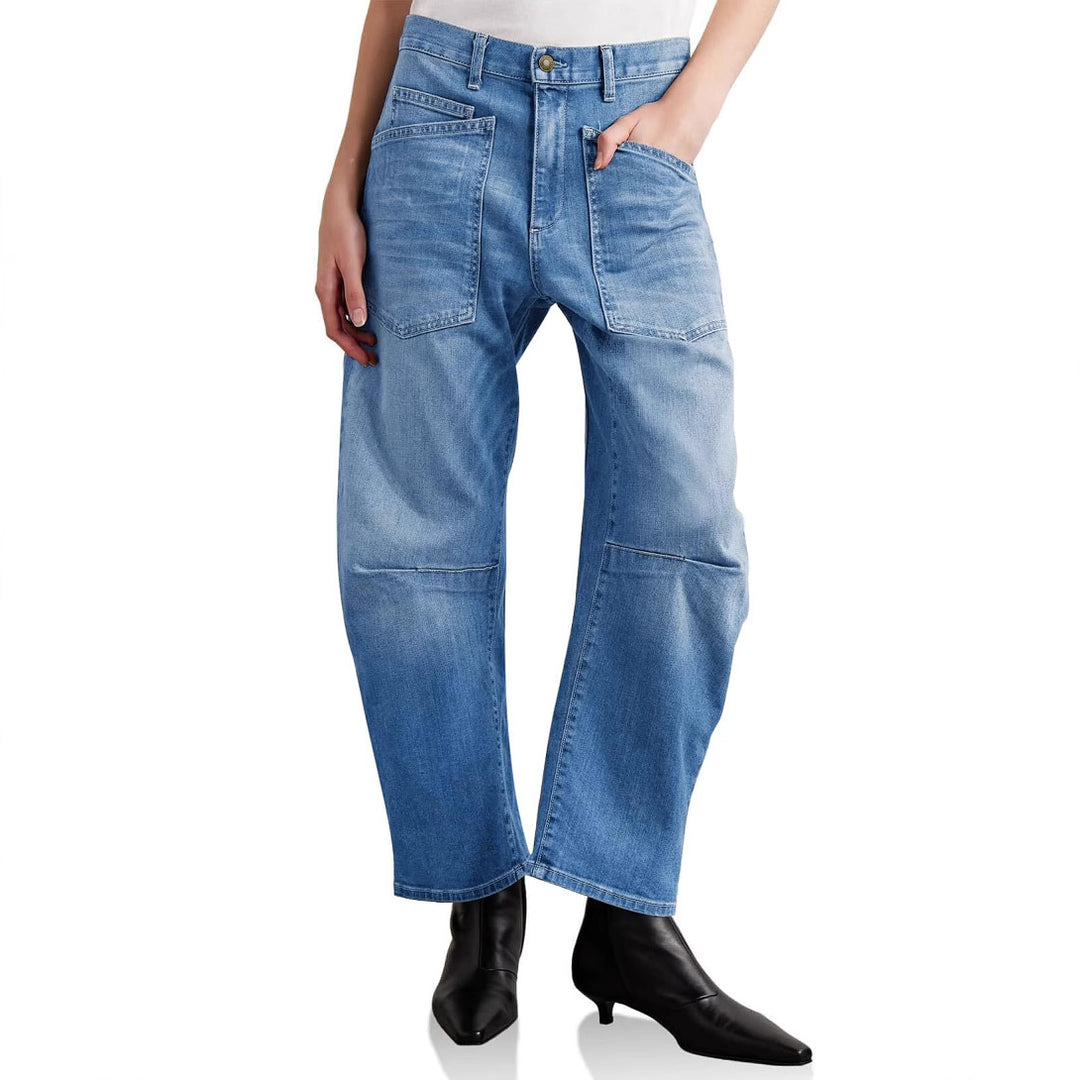 Damen nan lässige Canvas-Hose mit hohem Bund, weitem Bein und aufgesetzten Taschen Drune