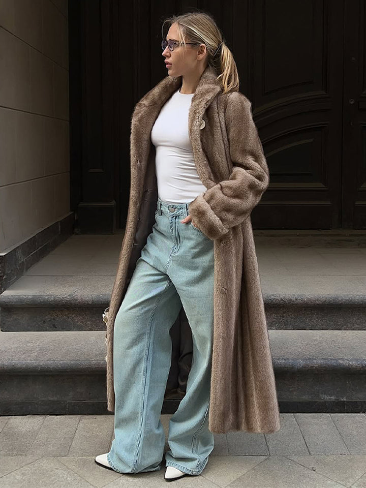 Damen Maxi Kunstpelz-Mantel mit breitem Umlegekragen und weitem Schnitt Drune
