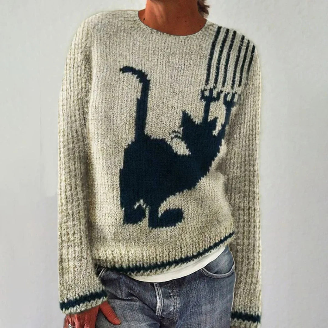Damen Kuscheliger Pullover mit Fuchs-Motiv und gestreiften Ärmeln Drune