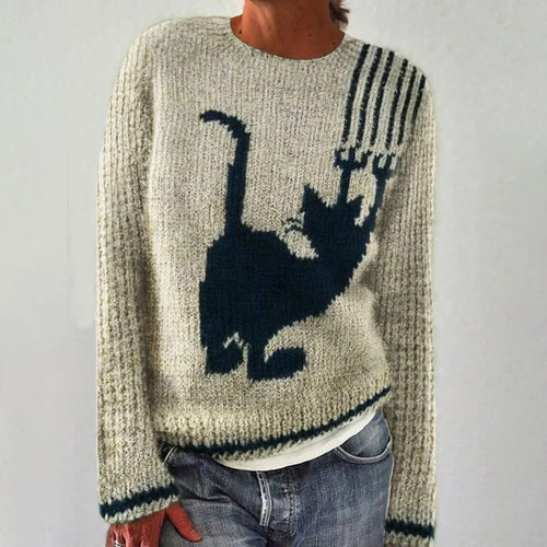 Damen Kuscheliger Pullover mit Fuchs-Motiv und gestreiften Ärmeln Drune