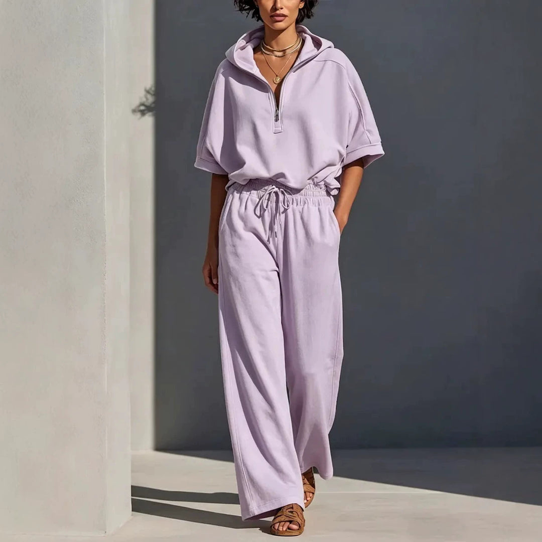 Damen Lässiges Lounge-Set mit Kapuzenpullover mit halbem Reißverschluss und weiter Palazzohose Drune