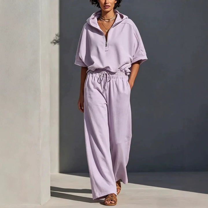 Damen Lässiges Lounge-Set mit Kapuzenpullover mit halbem Reißverschluss und weiter Palazzohose Drune