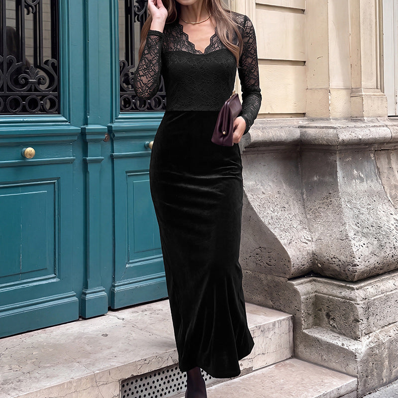 Damen Elegantes Langarm Maxikleid aus Samt und Spitze Drune