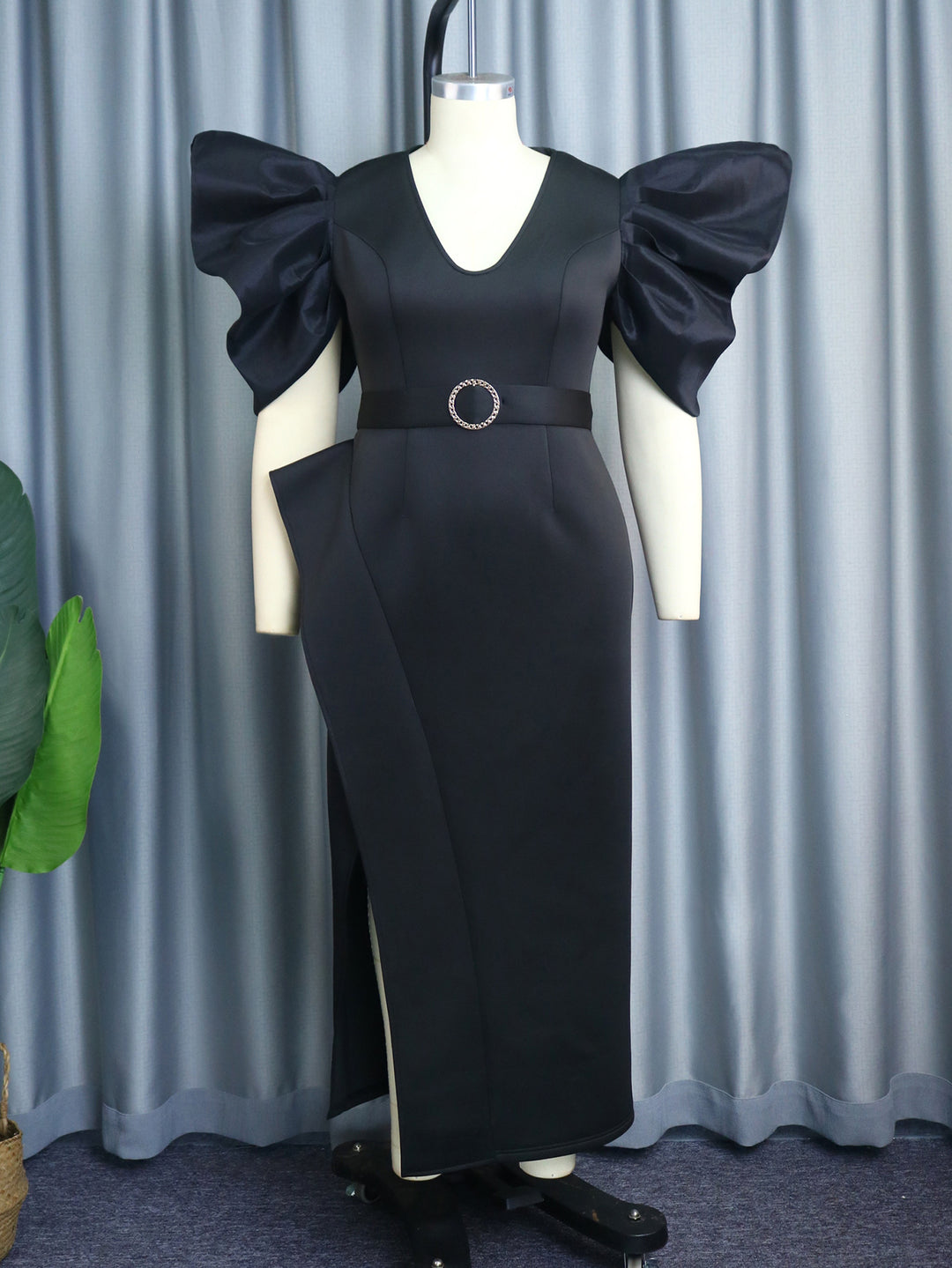 Damen elegantes Abendkleid mit voluminösen Puffärmeln und tailliertem Gürtel Drune