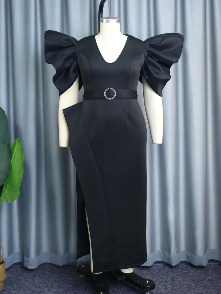 Damen elegantes Abendkleid mit voluminösen Puffärmeln und tailliertem Gürtel Drune