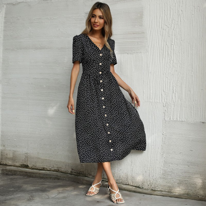 Damen Midi-Kleid mit süßem Punktmuster und eleganter Knopfleiste Drune