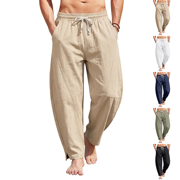 Herren knöchellange Freizeithose aus Leinenmix mit elastischem Kordelbund und seitlichen Schlitzen Drune