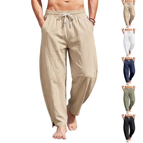 Herren knöchellange Freizeithose aus Leinenmix mit elastischem Kordelbund und seitlichen Schlitzen Drune
