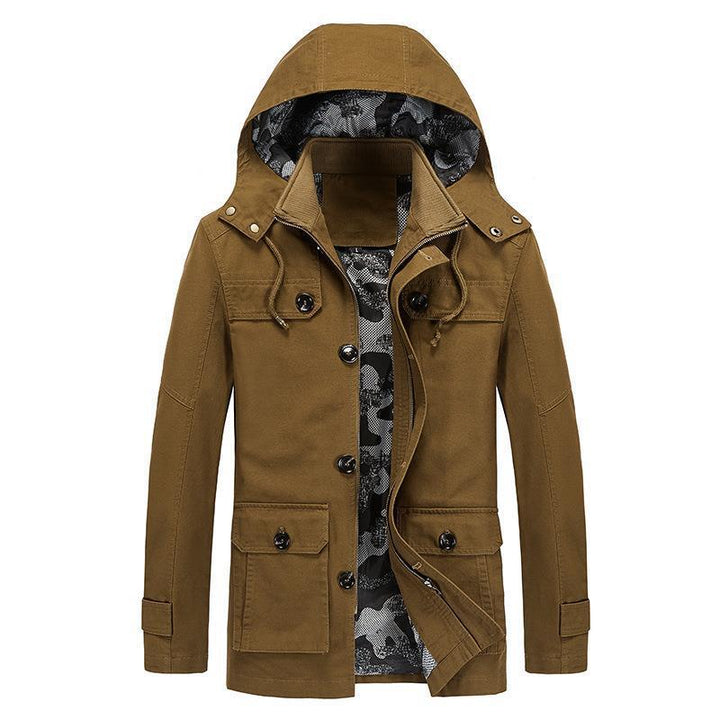 Herren mittellange Canvas-Fieldjacke mit Kapuze, Cargo‑Taschen und Camouflage‑Innenfutter Drune