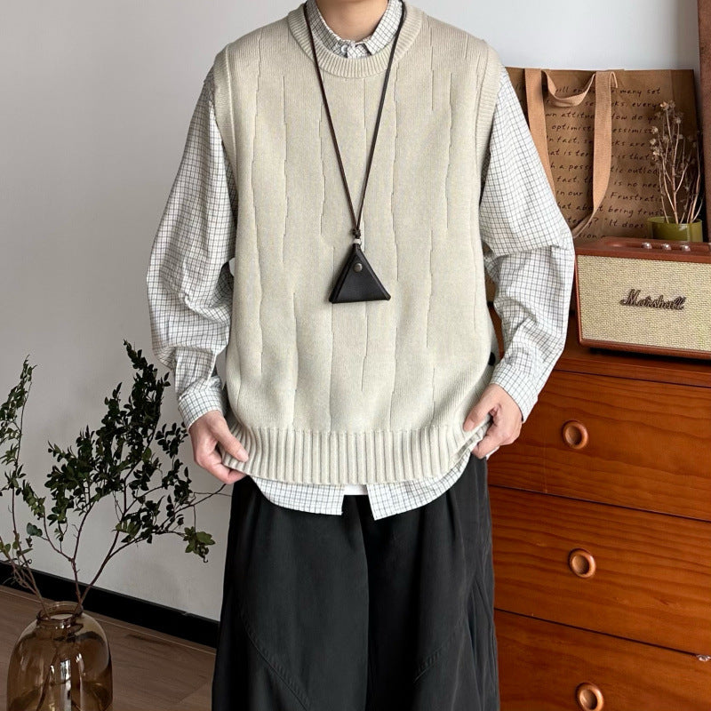 Herren Oversized Ärmellose Strickweste mit geripptem Saum und Rundhalsausschnitt Drune