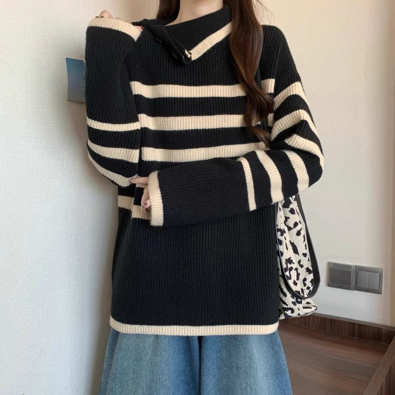Damen Modischer Strickpullover mit asymmetrischem Kragen und Streifenmuster Drune