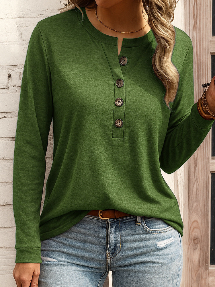 Damen Langarm-Henleyshirt mit Knopfleiste und Notch-Ausschnitt Drune