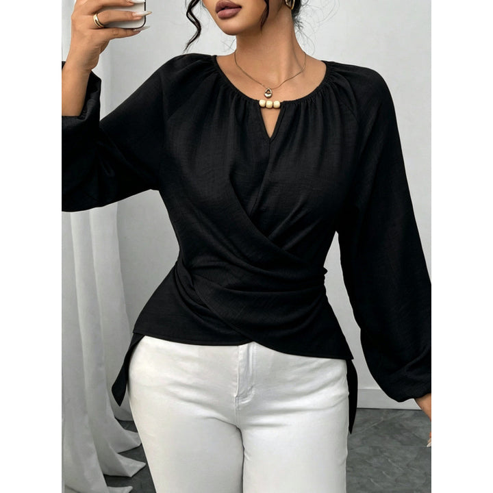 Damen Taillierte Wickelbluse mit Perlendetail und Ballonärmeln Drune