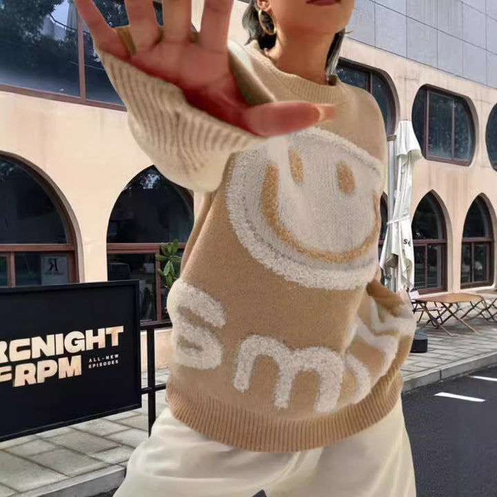 Damen Strickpullover mit fröhlichem Emoji-Motiv und komfortablem Schnitt Drune