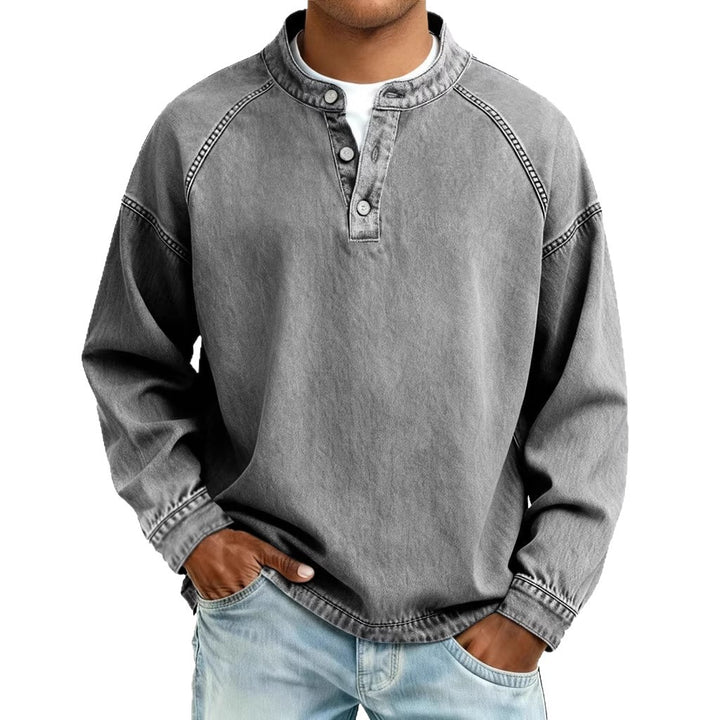 Herren nan verwaschenes Henley-Shirt mit Stehkragen, lockerer Passform und Knopfleiste Drune