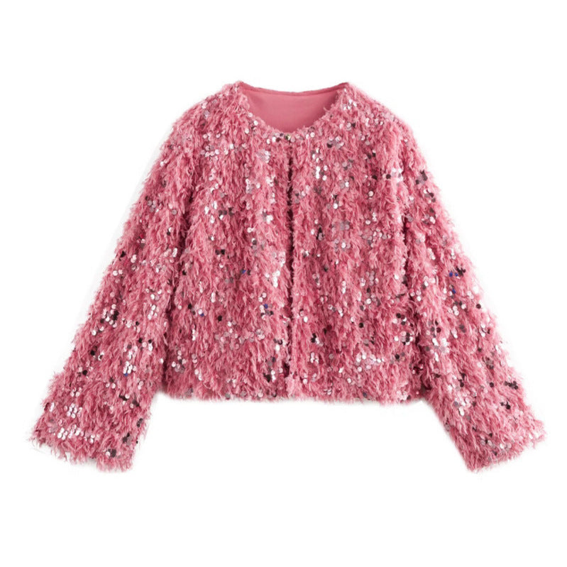 Femme Shimmery Fuzzy Crop Jacke Drune