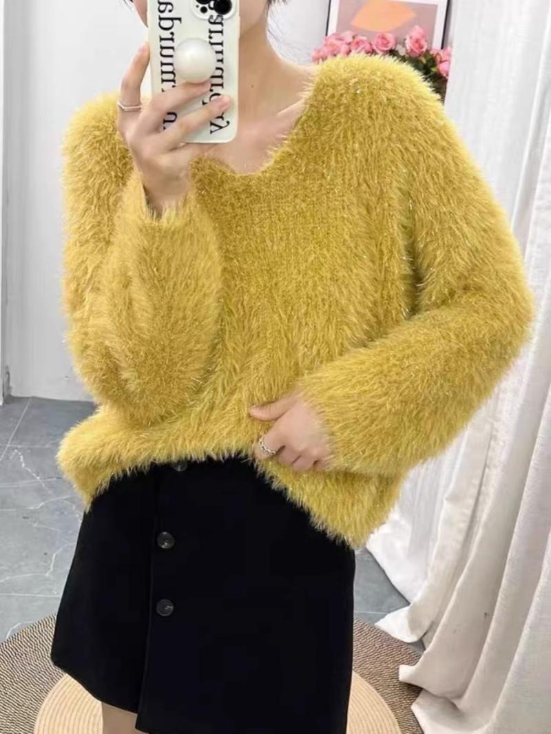 Damen Flauschiger V-Ausschnitt Pullover mit langem Arm und Glitzerfäden Drune