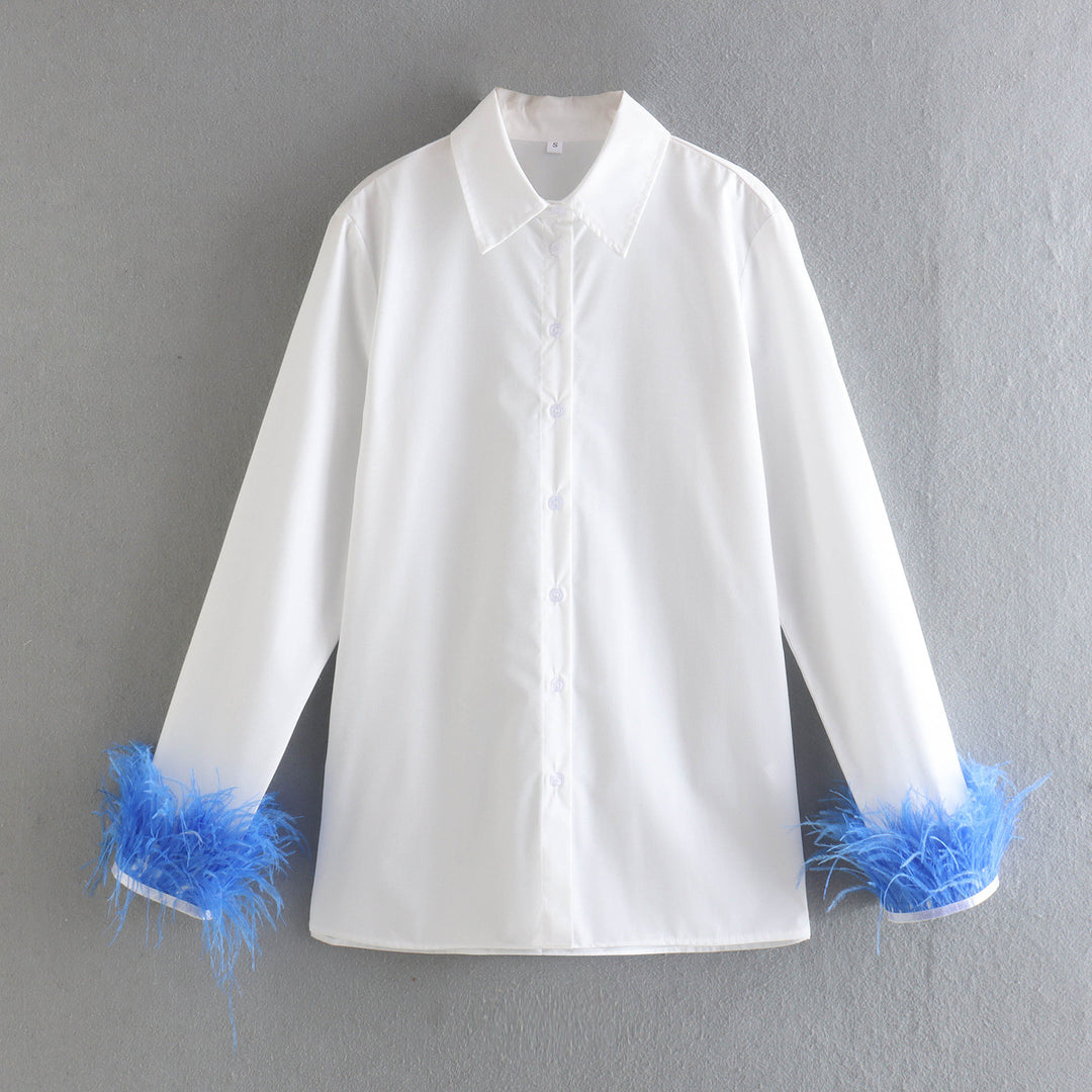 Damen Elegante Baumwollbluse mit Federbesatz an Manschetten und klassischem Hemdkragen Drune