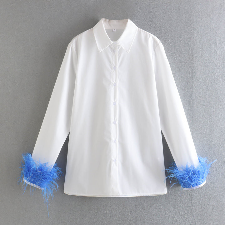 Damen Elegante Baumwollbluse mit Federbesatz an Manschetten und klassischem Hemdkragen Drune