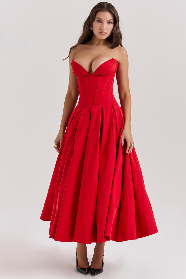 Damen nan trägerloses Korsett-Midikleid mit vorgeformter Miederkonstruktion und ausgestelltem Tellerrock Drune