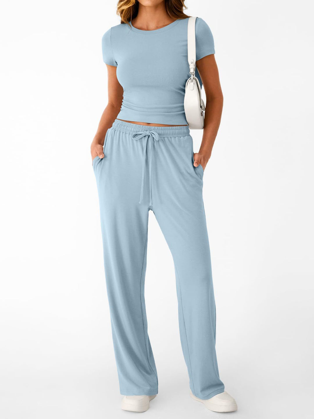 Damen lässiger Freizeitanzug mit kurzen Ärmel und weiten Hosen Drune