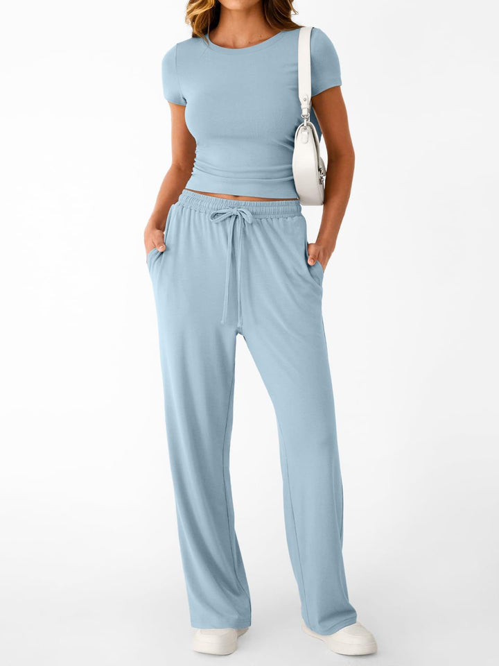 Damen lässiger Freizeitanzug mit kurzen Ärmel und weiten Hosen Drune