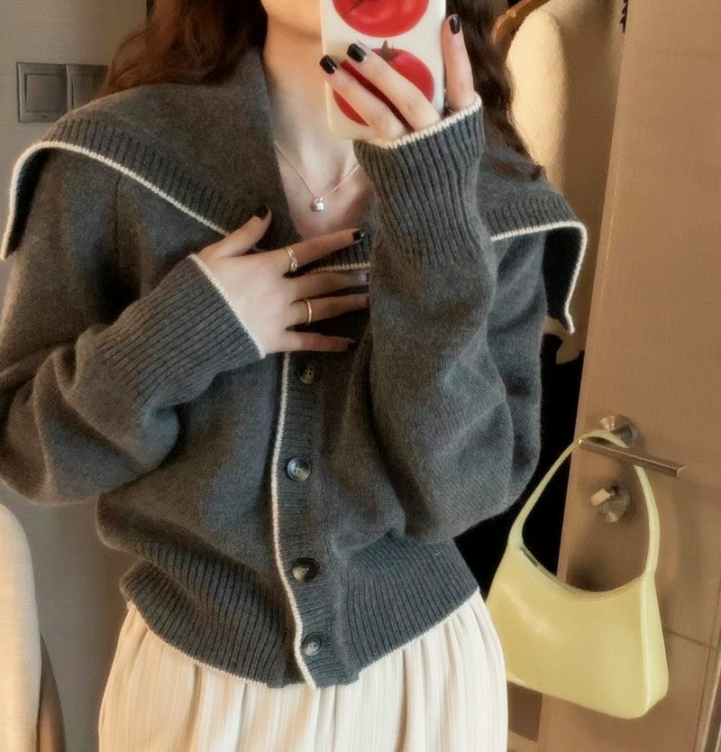 Damen Strickcardigan mit übergroßem Matrosenkragen und kontrastkante Drune