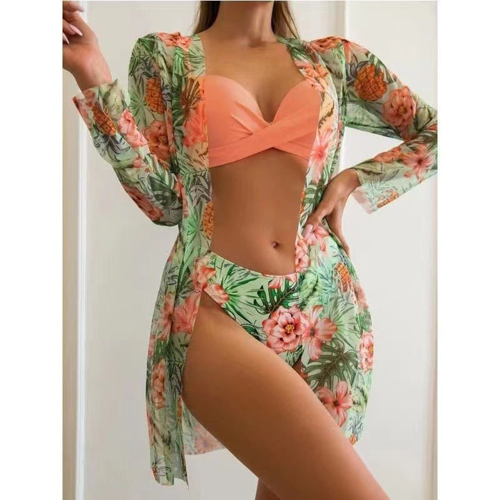 Damen Strandcover-Up mit modischem Blumendruck und langen Ärmeln Drune