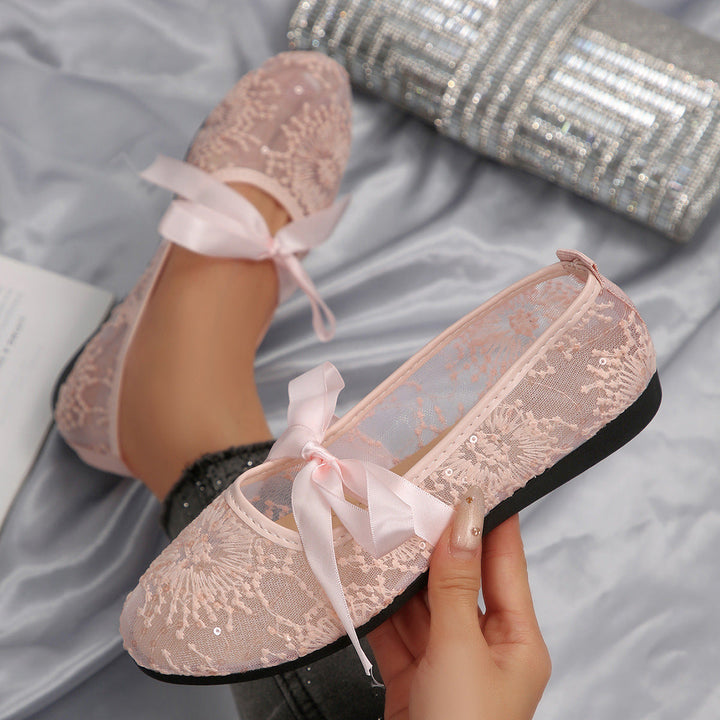 Damen Elegante Spitzenschuhe mit dekorativen Schleifen und funkelnden Akzenten Drune
