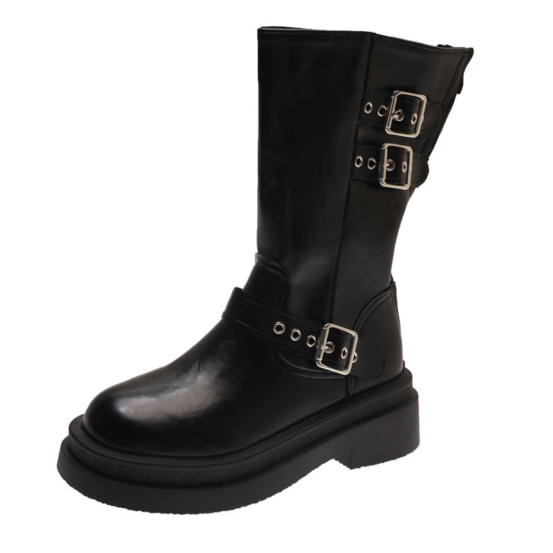 Damen Modische Overkneestiefel mit Schnallen- und Blockabsatz Drune