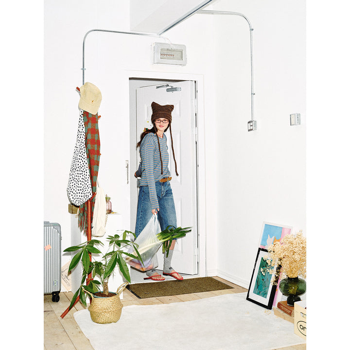 Damen Gestreiftes Langarm-Hoodie-Shirt mit V‑Ausschnitt und Kapuzenband Drune
