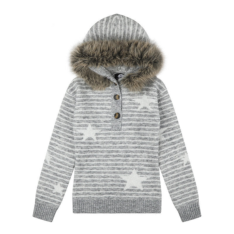 Damen Kapuzenpullover aus Feinstrick mit Kunstfellbesatz, Stern‑Streifenmuster und Knopfleiste Drune